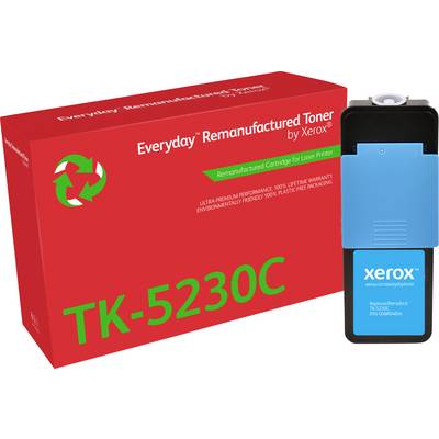 Emballage rouge portant l'inscription « Cartouche de toner reconditionnée Everyday par Xerox ». À côté, cartouche de toner avec couvercle bleu, portant l'étiquette « TK-5230C ».