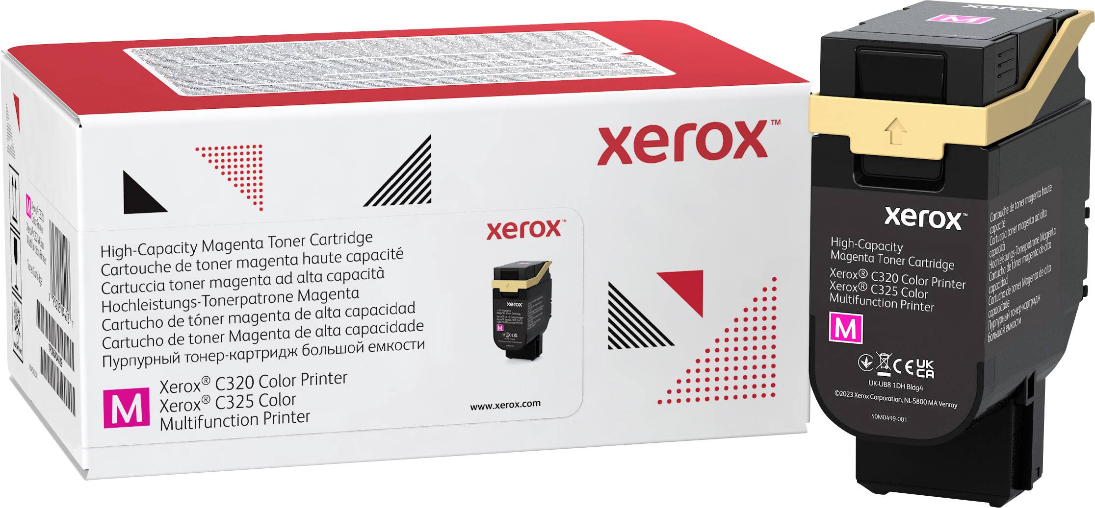 Cartouche de toner magenta haute capacité pour imprimantes Xerox C230/C235. Emballage avec illustration du produit et spécifications.