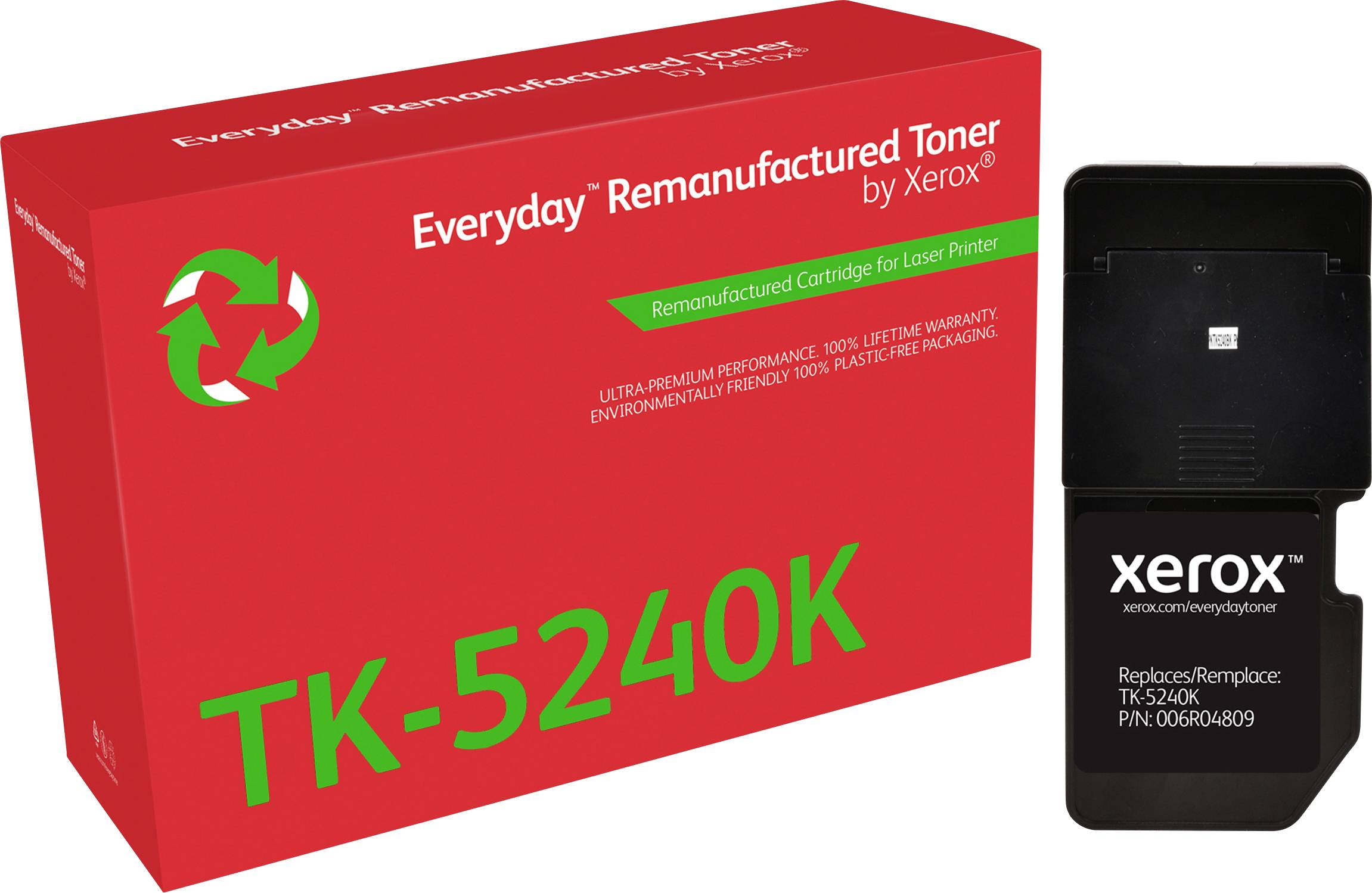 'Toner Remanufacturé Xerox, Modèle TK-5240K, compatible avec Kyocera, emballage rouge avec le symbole de recyclage vert.'