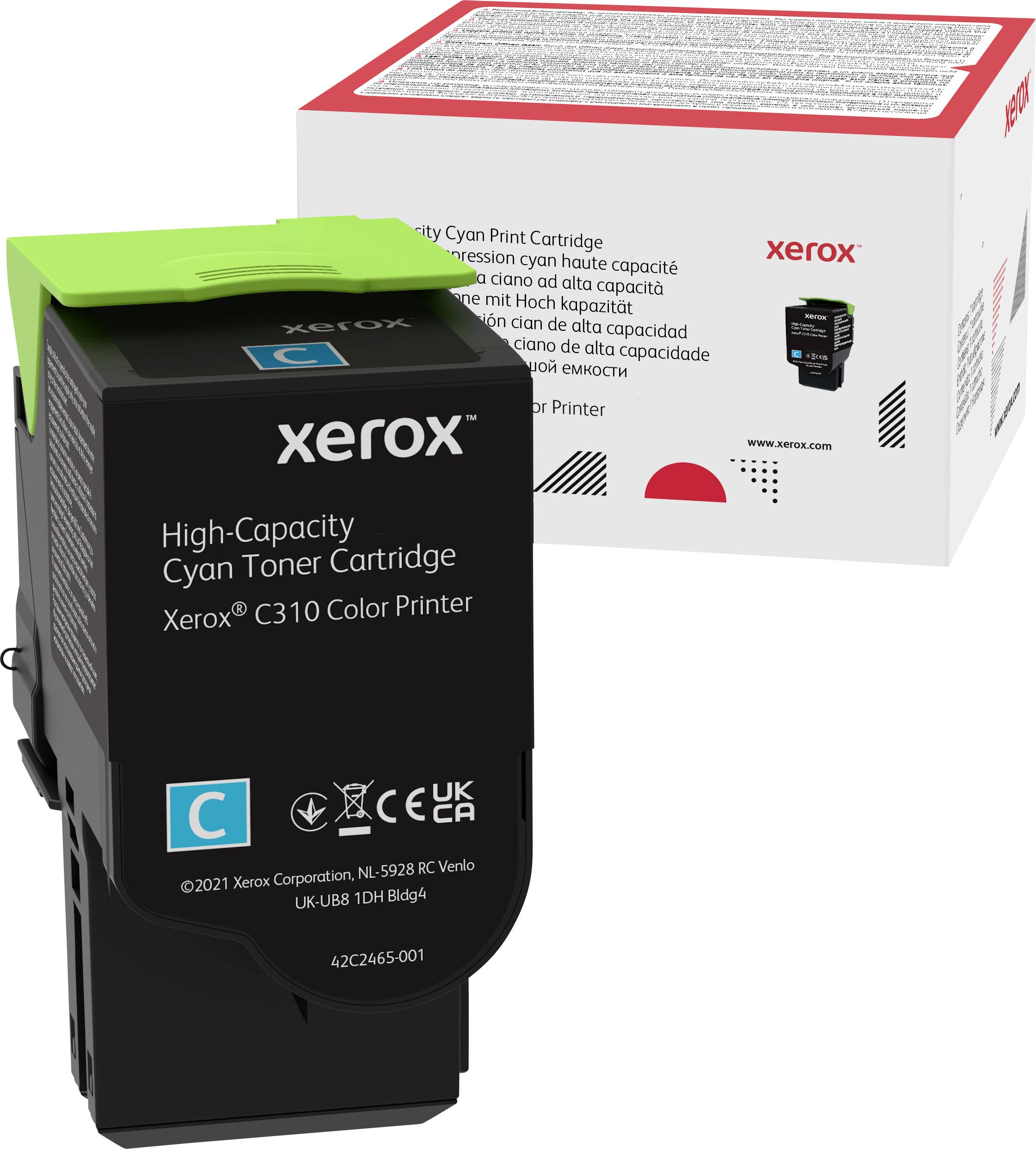 'Cartouche de toner Xerox, haute capacité, pour imprimante couleur Xerox C310. L'emballage présente des symboles techniques et des numéros de modèle.'