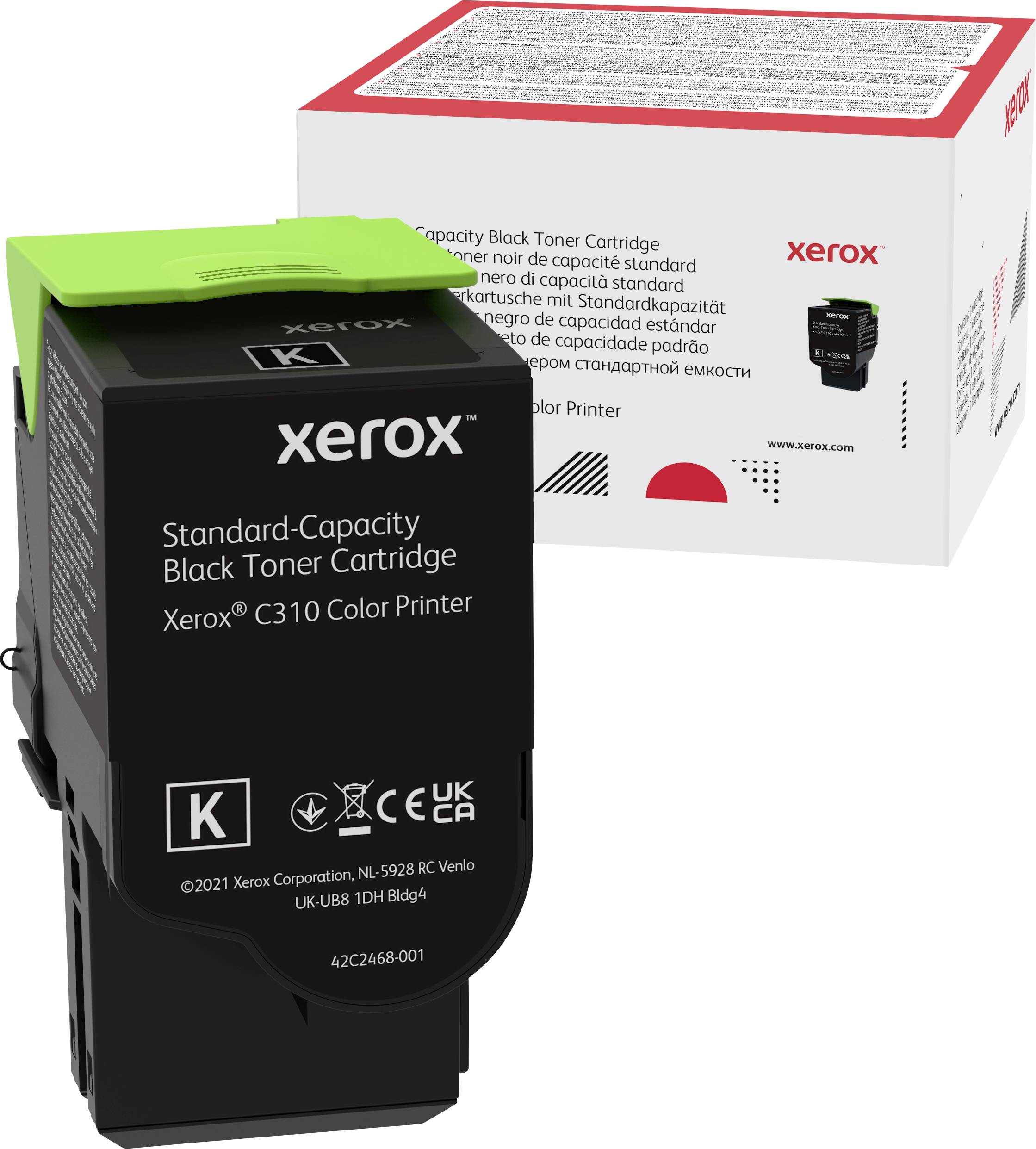 Une cartouche de toner noir à capacité standard pour l'imprimante Xerox C310 Color. L'emballage et la cartouche sont visibles.