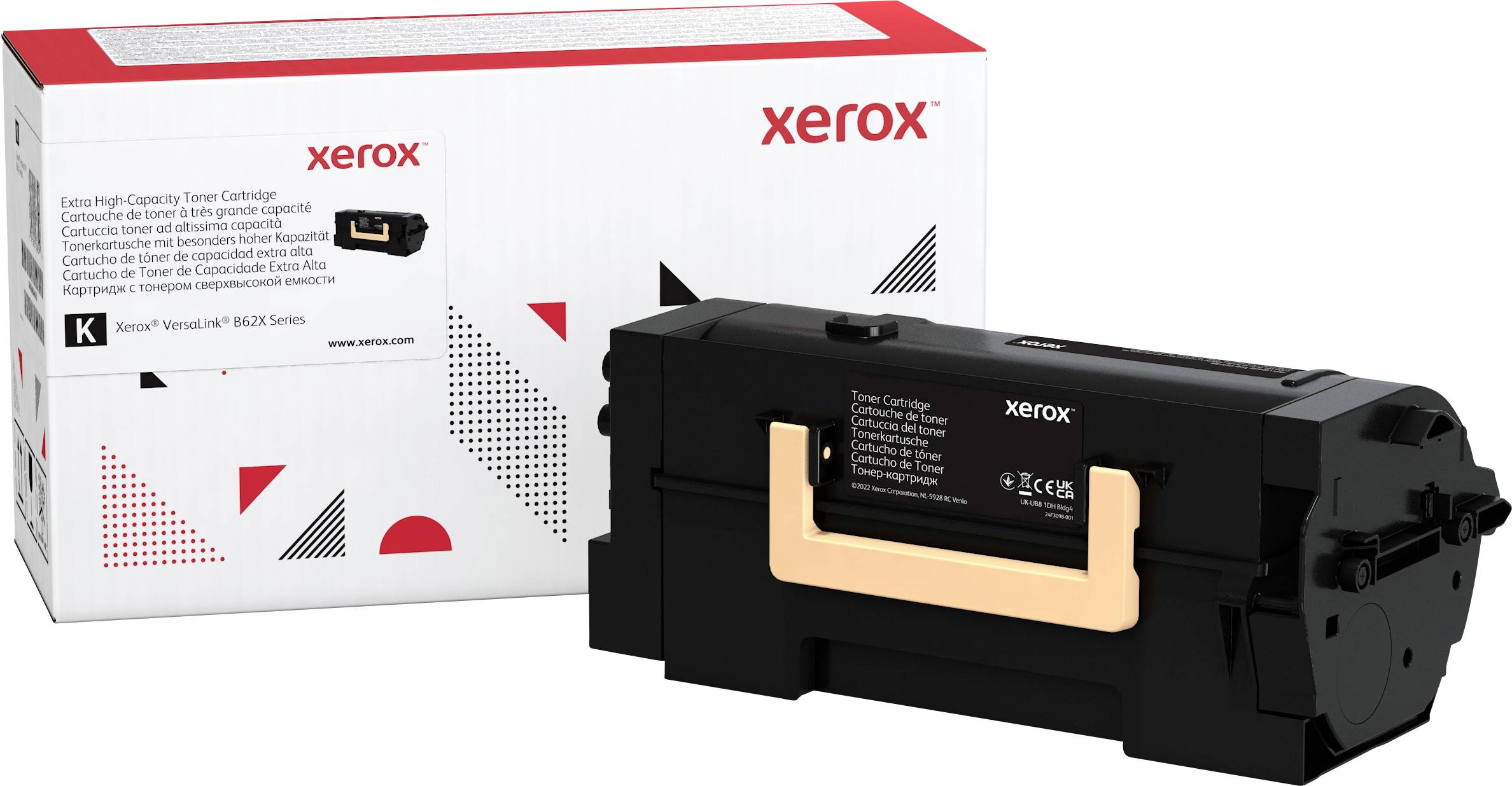 Cartouche de toner Xerox, modèle "VersaLink B600/B610", dans son emballage d'origine. L'emballage présente des informations de base sur le produit.