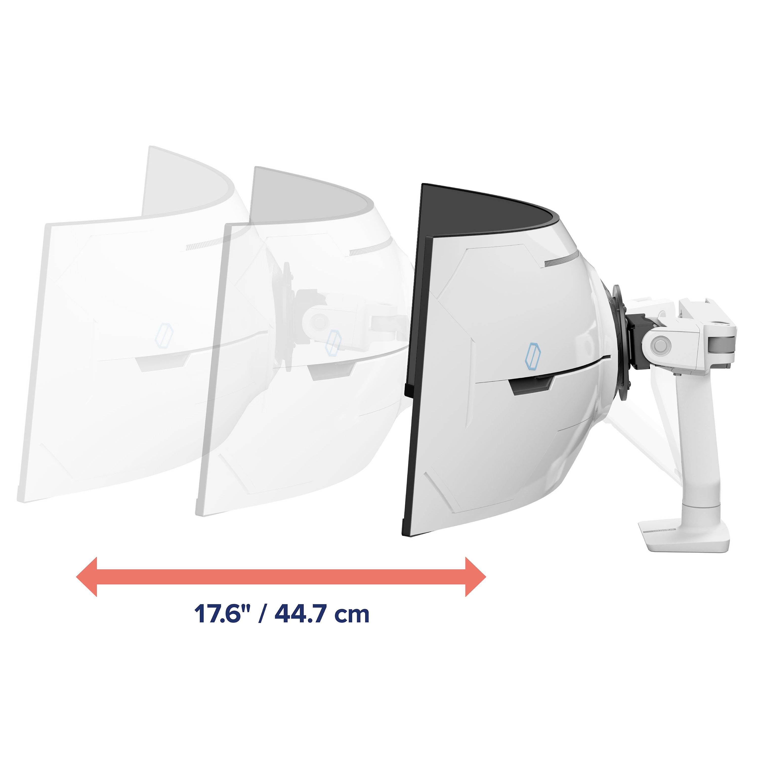 Présentation d'un moniteur de 17,6 pouces (44,7 cm) avec réglage de profondeur ajustable. Démontre une flexibilité de positionnement.