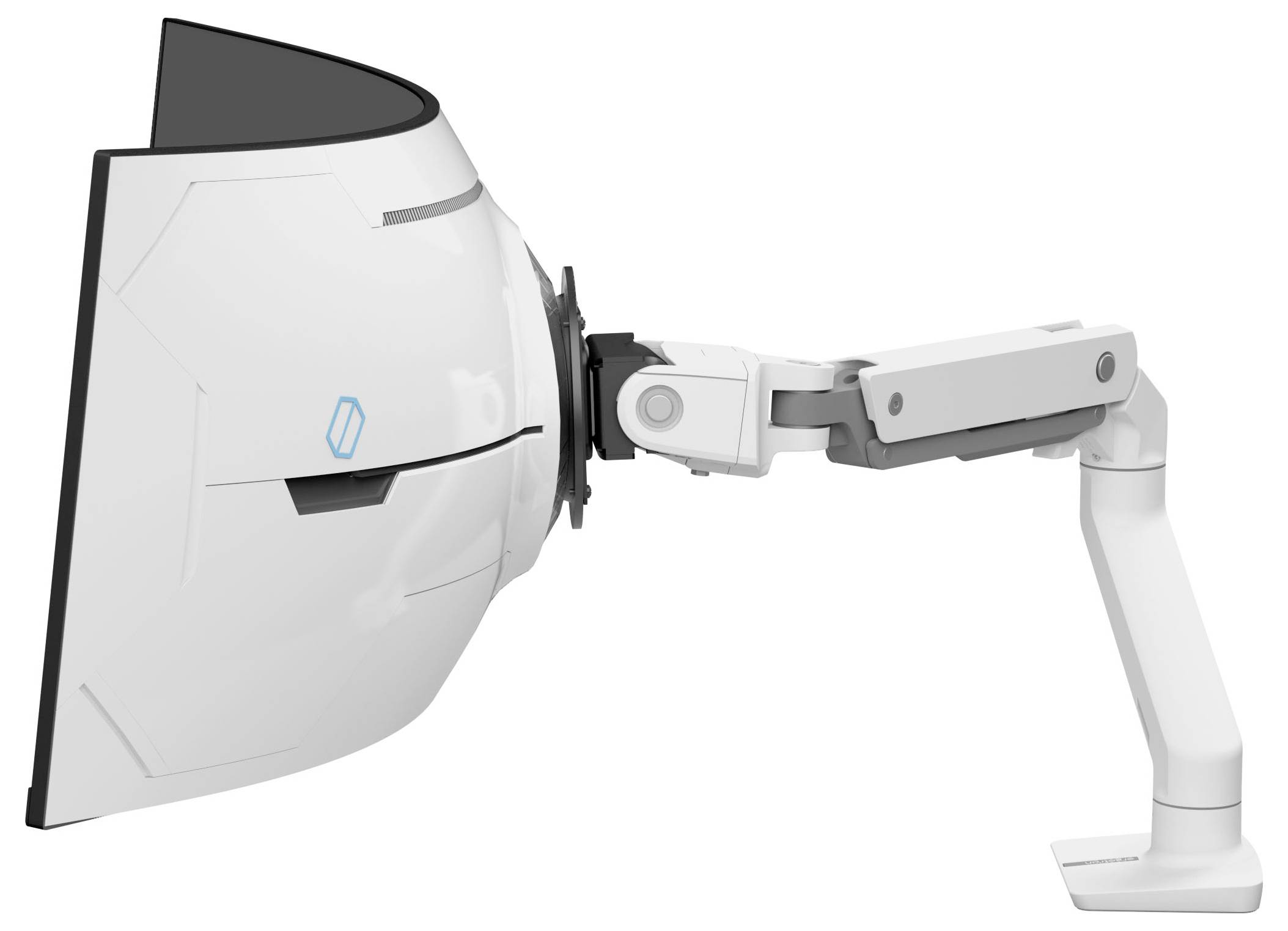 Un casque VR blanc futuriste avec un bras ajustable, fixé sur un support, vue de côté.