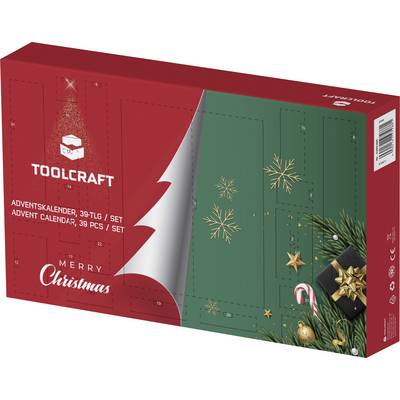 Calendrier de l'Avent TOOLCRAFT, ensemble de 39 pièces, boîte avec design festif rouge et vert sur le thème des fêtes. Présence de flocons de neige, de cannes de bonbon et de décorations de pin.