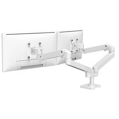 Deux bras de support blancs maintiennent chacun un écran. Les bras sont ajustables de manière flexible et montés sur un seul socle.