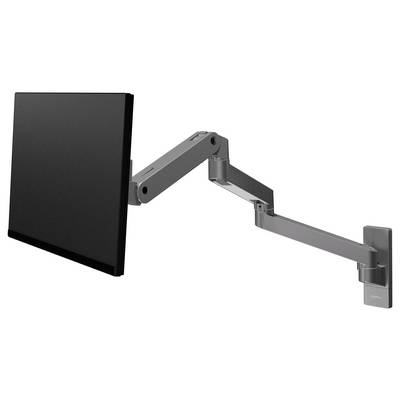 Un moniteur noir est fixé à un bras pivotant gris réglable, monté sur un mur.