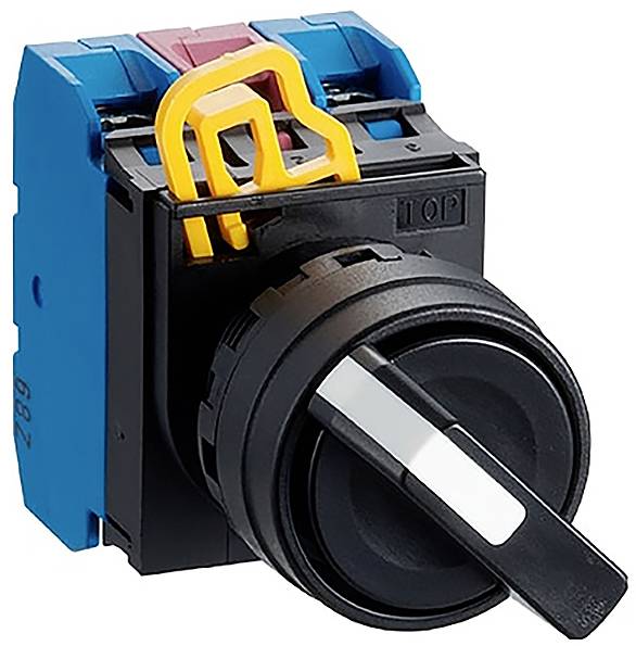 Commutateur rotatif avec poignée noire et élément de sécurité jaune, monté dans un boîtier bleu et noir, pour applications industrielles.