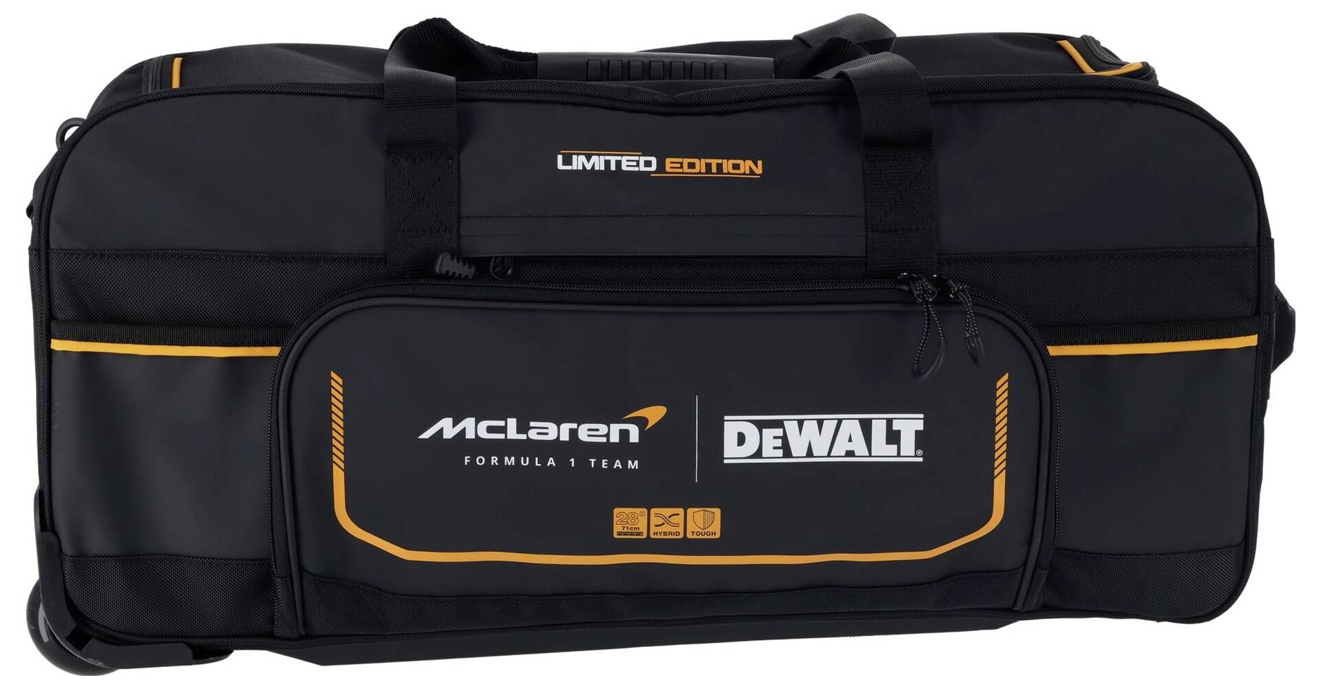 Sac de voyage noir avec des accents orange. Impression : 'ÉDITION LIMITÉE', 'Équipe McLaren Formule', 'DEWALT'.