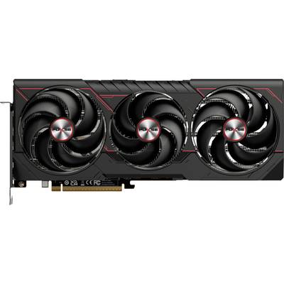 Carte graphique à trois ventilateurs au design noir avec des touches rouges. Marquée 'PULSE'. Adaptée aux PC de gaming haute performance.
