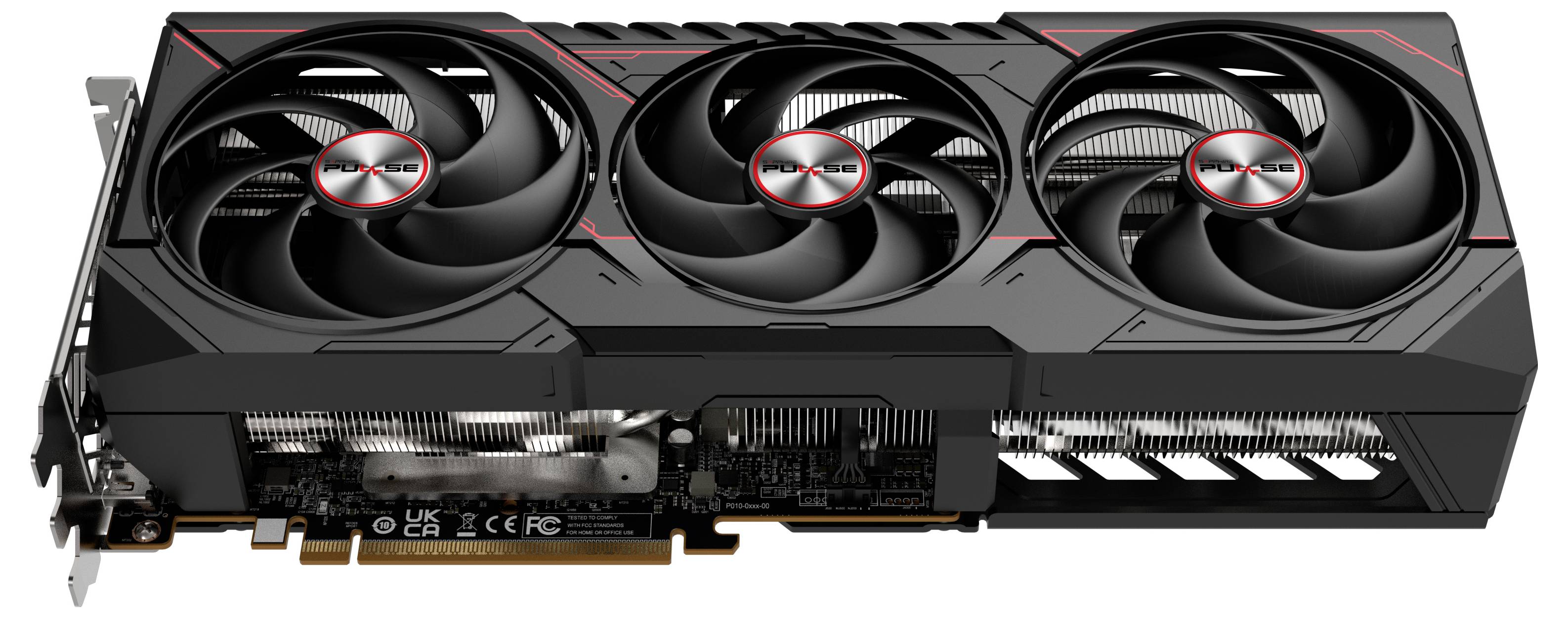 Une carte graphique de jeu avec trois ventilateurs et un boîtier noir, typique des ordinateurs performants et des jeux exigeants.