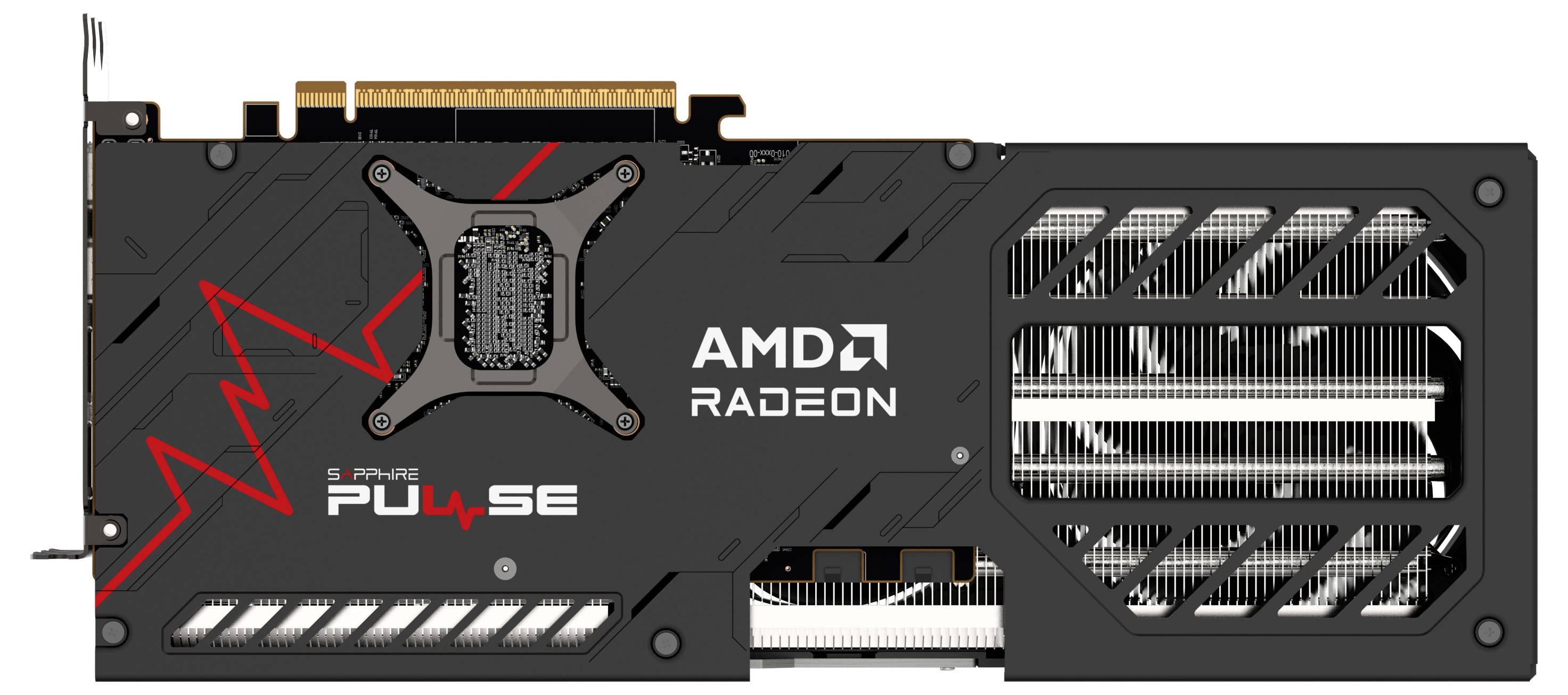 Une carte graphique noire arborant le logo AMD Radeon et l'inscription SAPPHIRE PULSE 4 SE, comportant des accents rouges et des fentes de ventilation.
