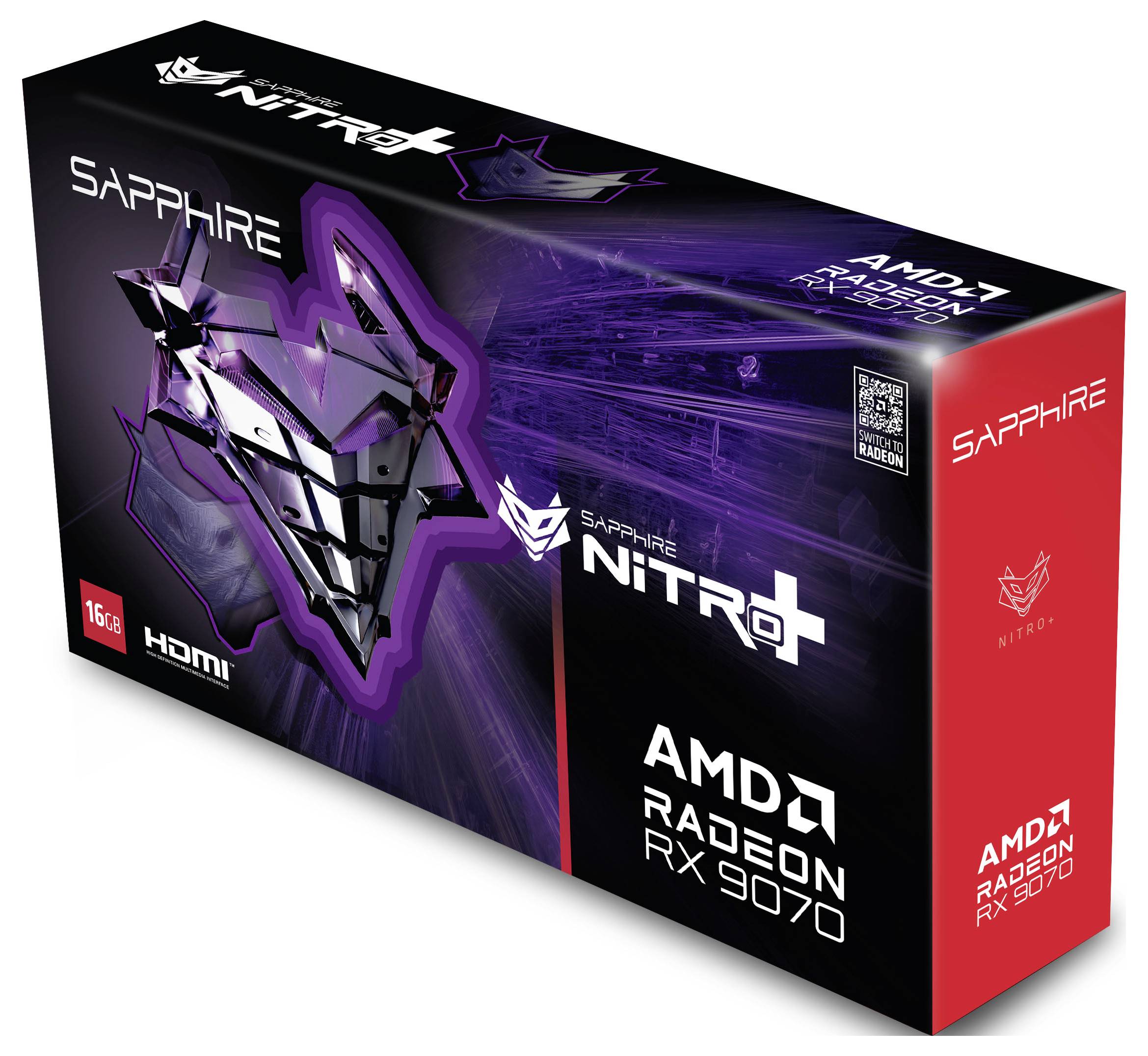 Emballage de la 'Sapphire Nitro+ AMD Radeon RX 7900'. Présente un logo futuriste et indique 16 Go et la compatibilité HDMI.