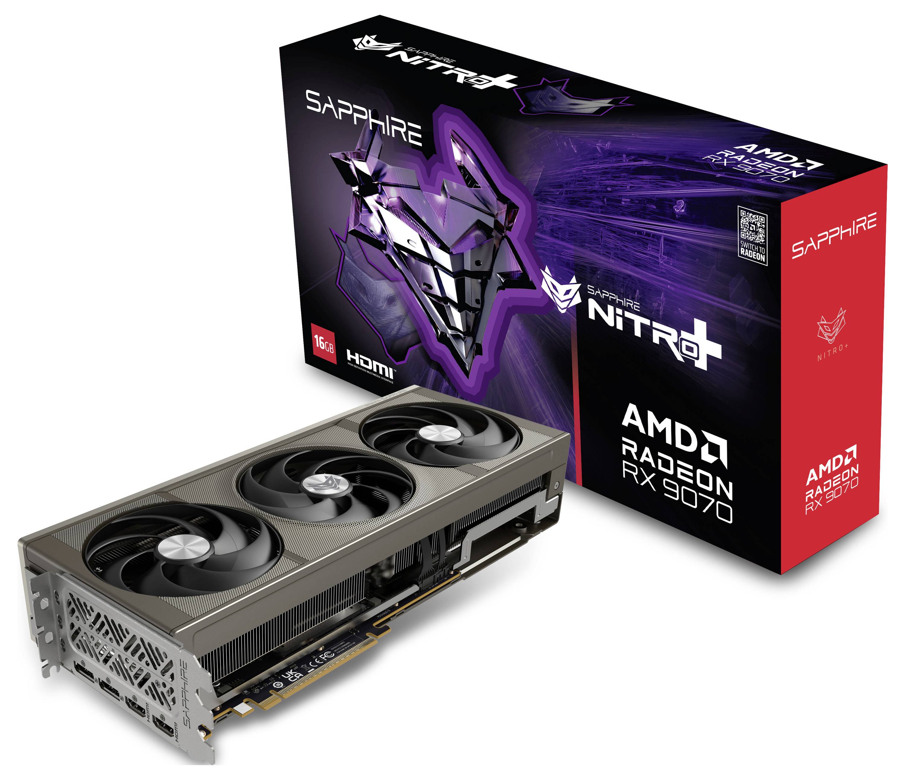 Une carte graphique avec trois ventilateurs à côté d'un emballage arborant un logo violet de lion et portant l'inscription « Sapphire Nitro+ AMD Radeon RX 9070 ».