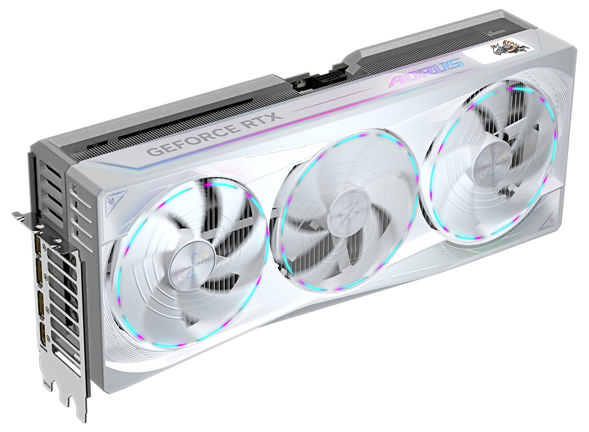 Carte graphique de marque AORUS à trois ventilateurs, modèle 'GeForce RTX'. Design haut de gamme avec éclairage RVB.