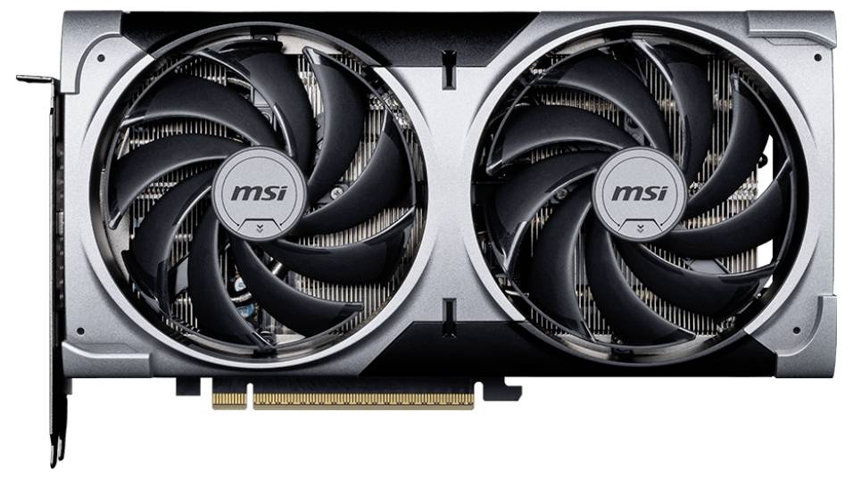Une carte graphique MSI à deux ventilateurs avec boîtier noir ; adaptée pour le jeu informatique et le montage vidéo.