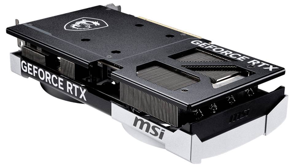 Carte graphique vue de dessus, design noir avec inscription 'GEFORCE RTX' et logo MSI, montrant des ailettes de refroidissement et des ventilateurs, prête à être installée.