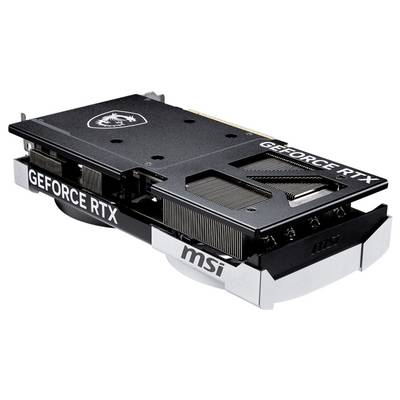 Carte graphique vue de dessus, design noir avec inscription 'GEFORCE RTX' et logo MSI, montrant des ailettes de refroidissement et des ventilateurs, prête à être installée.