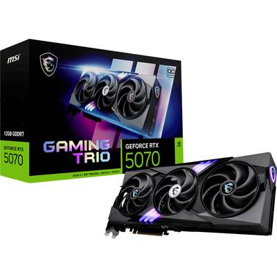 Une carte graphique MSI GeForce RTX 5070 Gaming Trio, dotée de trois ventilateurs et d'un éclairage RVB, est présentée sur un emballage.