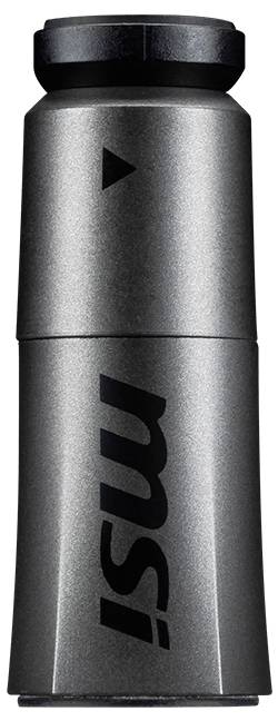 Un objet cylindrique argenté portant l'inscription 'msi' et une flèche pointant vers le haut, probablement un accessoire technique.