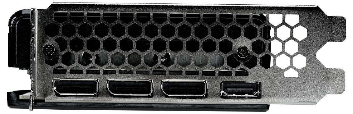 Verso d'une carte graphique avec quatre ports d'affichage et une grille de ventilation pour refroidir les composants internes.