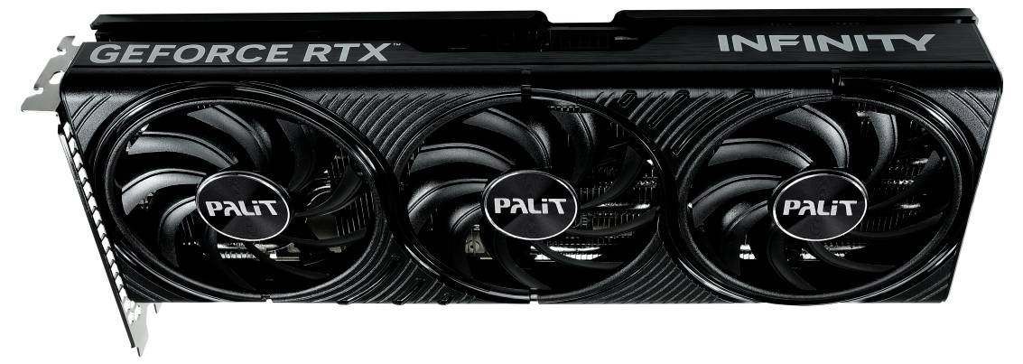 Une carte graphique noire avec trois ventilateurs, portant les inscriptions 'GEFORCE RTX' et 'INFINITY', de la marque 'PALIT'.