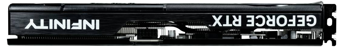 Une carte graphique avec l'inscription 'INFINITY GEFORCE RTX' sur le côté, montrant les ailettes de refroidissement et les connecteurs sur sa surface supérieure.