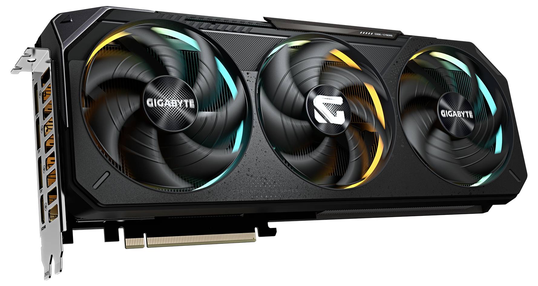 Une carte graphique noire de la marque Gigabyte avec trois ventilateurs. Elle présente un design moderne et est destinée aux ordinateurs.