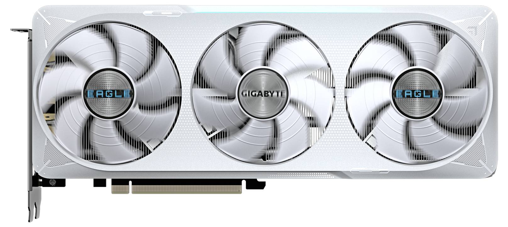 Une carte graphique blanche avec trois grands ventilateurs et l'inscription 'GIGABYTE'.