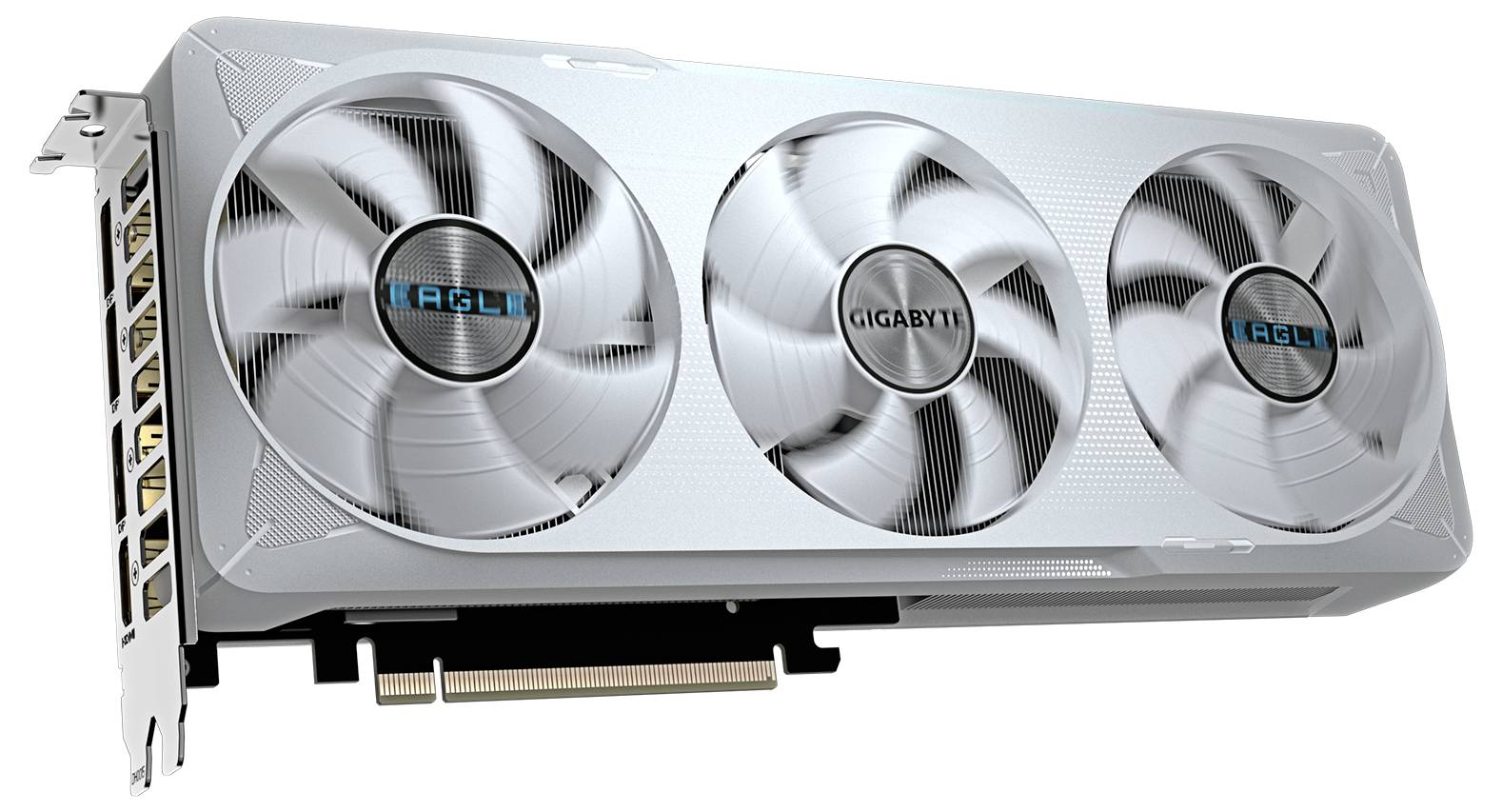 Carte graphique avec trois ventilateurs, design argenté, portant l'inscription 'GIGABYTE' au centre. Utilisée pour les jeux vidéo et les tâches graphiques.