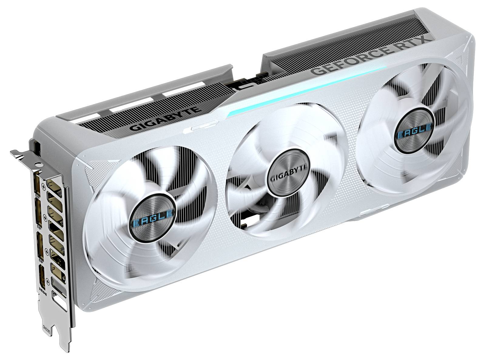 Une carte graphique GIGABYTE avec trois ventilateurs et l'inscription 'GeForce RTX' sur le côté.