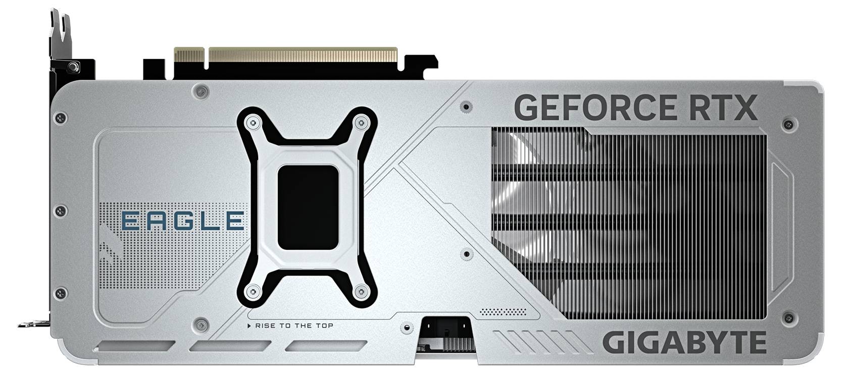 Carte graphique : Design argenté, avec inscriptions 'Eagle' et 'GEFORCE RTX'. Ventilateur et connecteurs visibles, marque GIGABYTE.