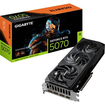 Carte graphique GIGABYTE GeForce RTX 5070 avec trois ventilateurs. L'emballage présente un design futuriste. Adaptée au gaming et au traitement graphique.