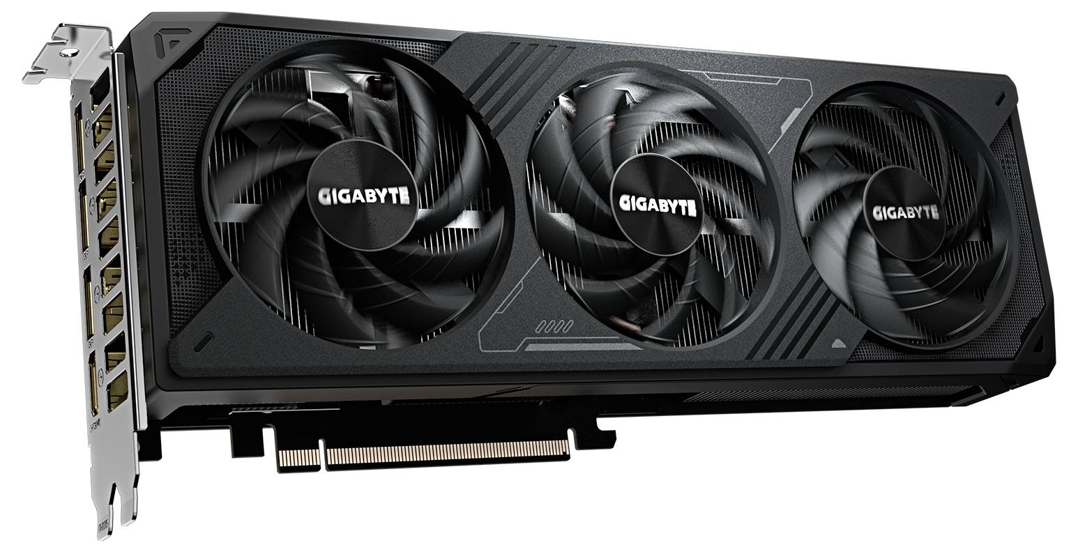 Une carte graphique noire avec trois grands ventilateurs et le nom de marque 'GIGABYTE' sur chaque ventilateur.