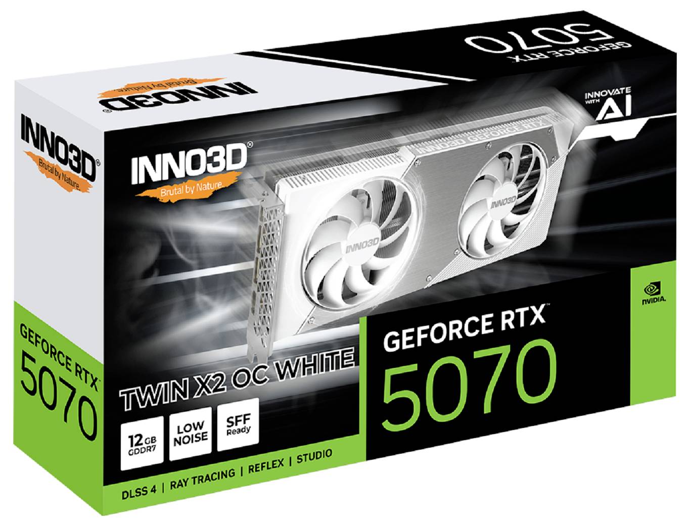 Emballage de la carte graphique 'GeForce RTX 5070' d'INNO3D, modèle 'TWIN X2 OC White', avec des détails sur DLSS 4, le Ray Tracing et plus encore.