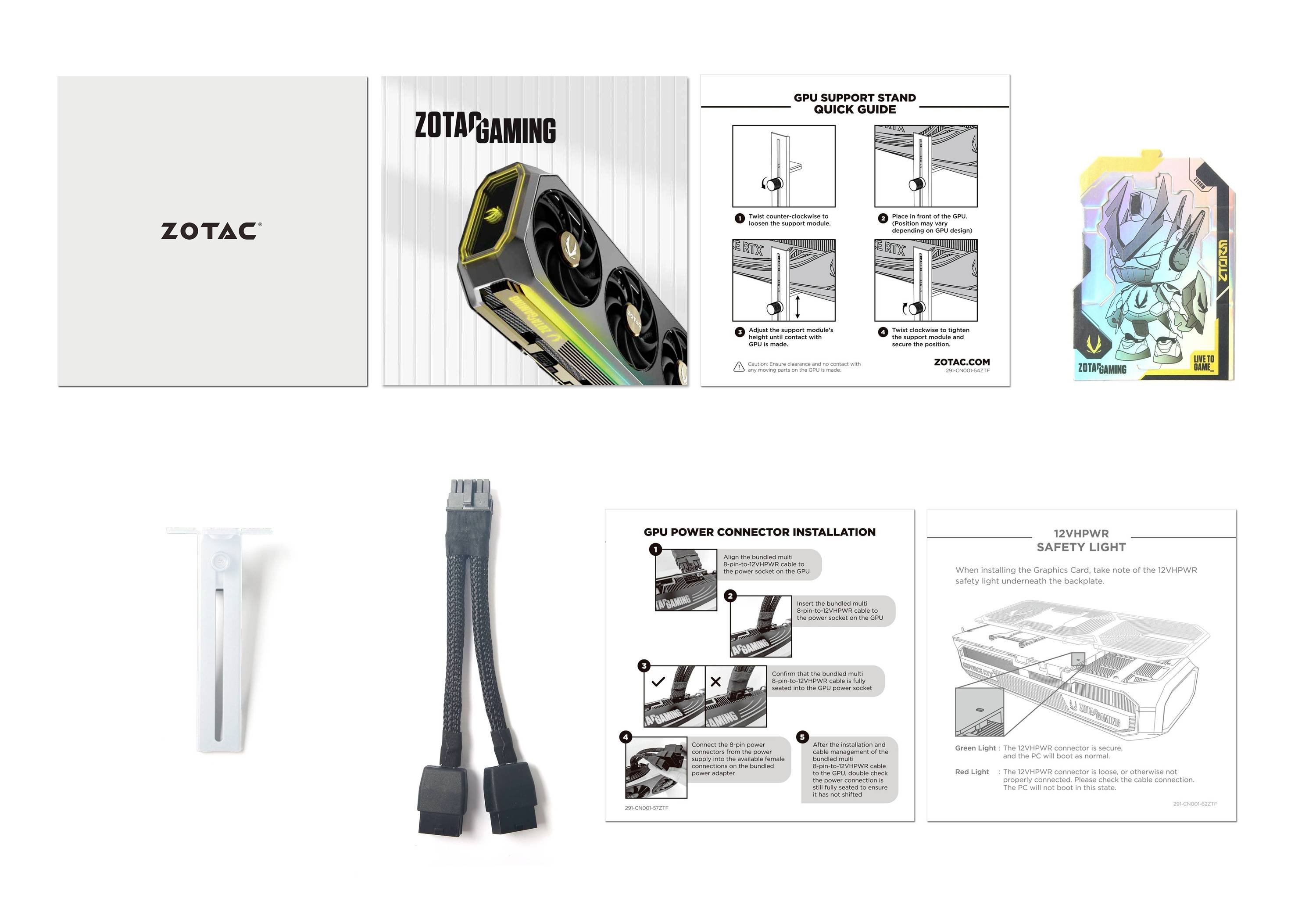Emballage de carte graphique montrant les accessoires, le manuel et le guide d'installation. Comprend un câble d'alimentation, un support de support pour GPU et des consignes de sécurité.