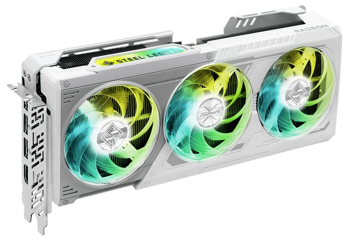 Une carte graphique blanche avec trois ventilateurs, un éclairage LED et plusieurs ports, modèle 'Radeon Board partners'.