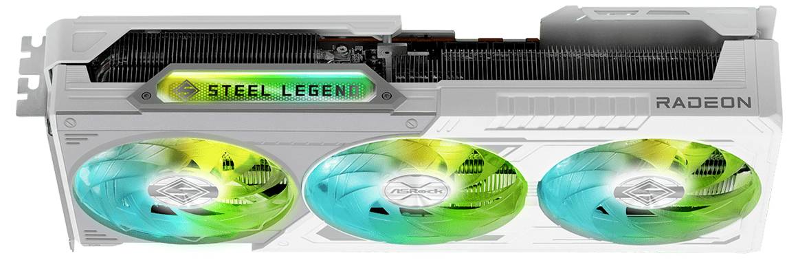 Carte graphique avec l'inscription 'Steel Legend' illuminée de couleurs vives. Trois ventilateurs visibles. Conçue pour les systèmes Radeon.
