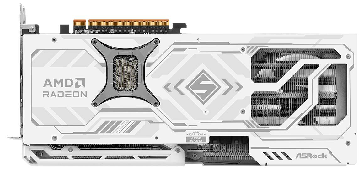 Carte graphique ASRock de couleur blanche avec ventilateurs et connecteurs couleur cuivre, portant la mention 'AMD Radeon'.