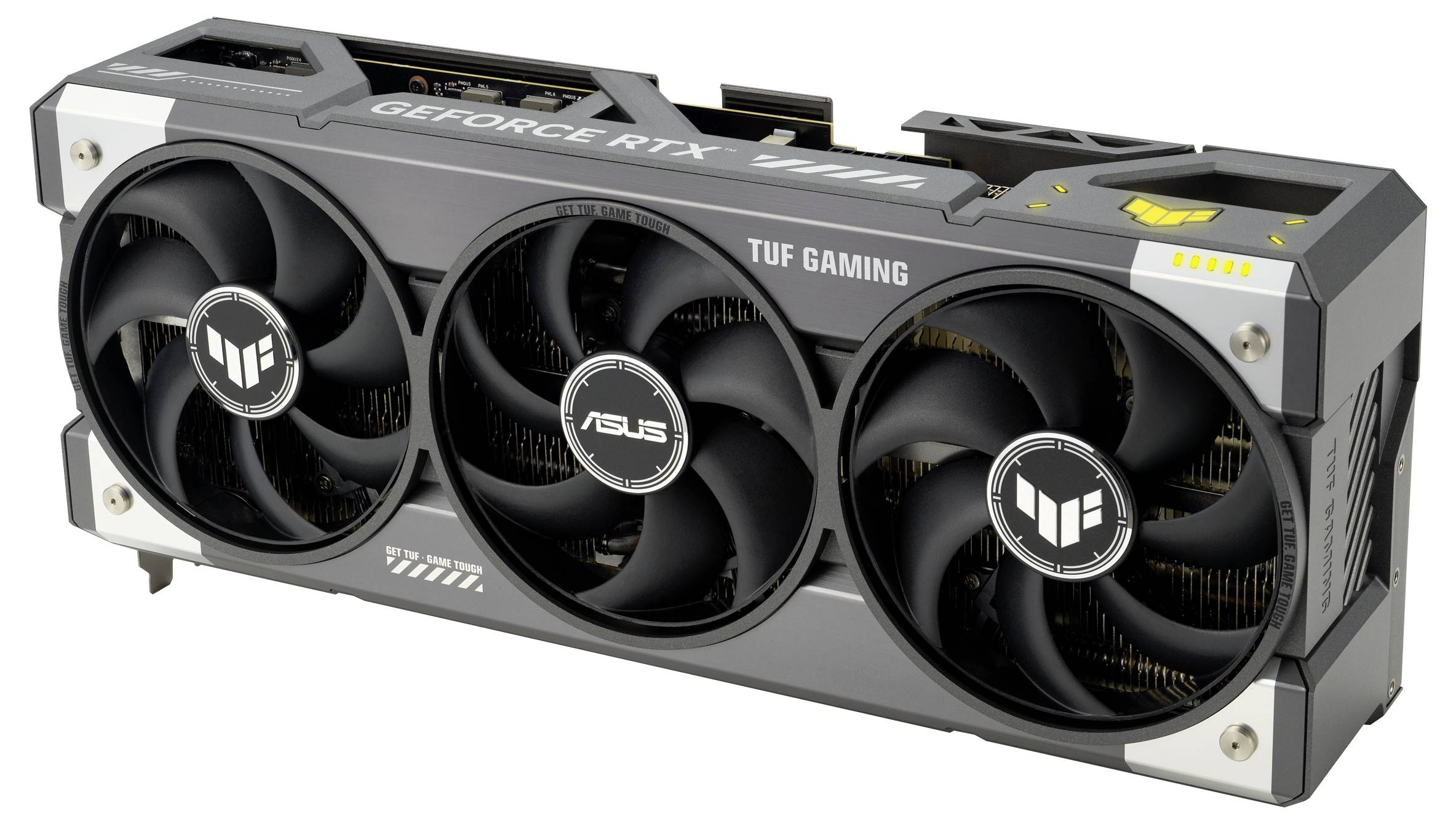 Une carte graphique avec trois ventilateurs, portant l'inscription 'TUF Gaming' et 'ASUS', faisant partie de la série GeForce RTX.