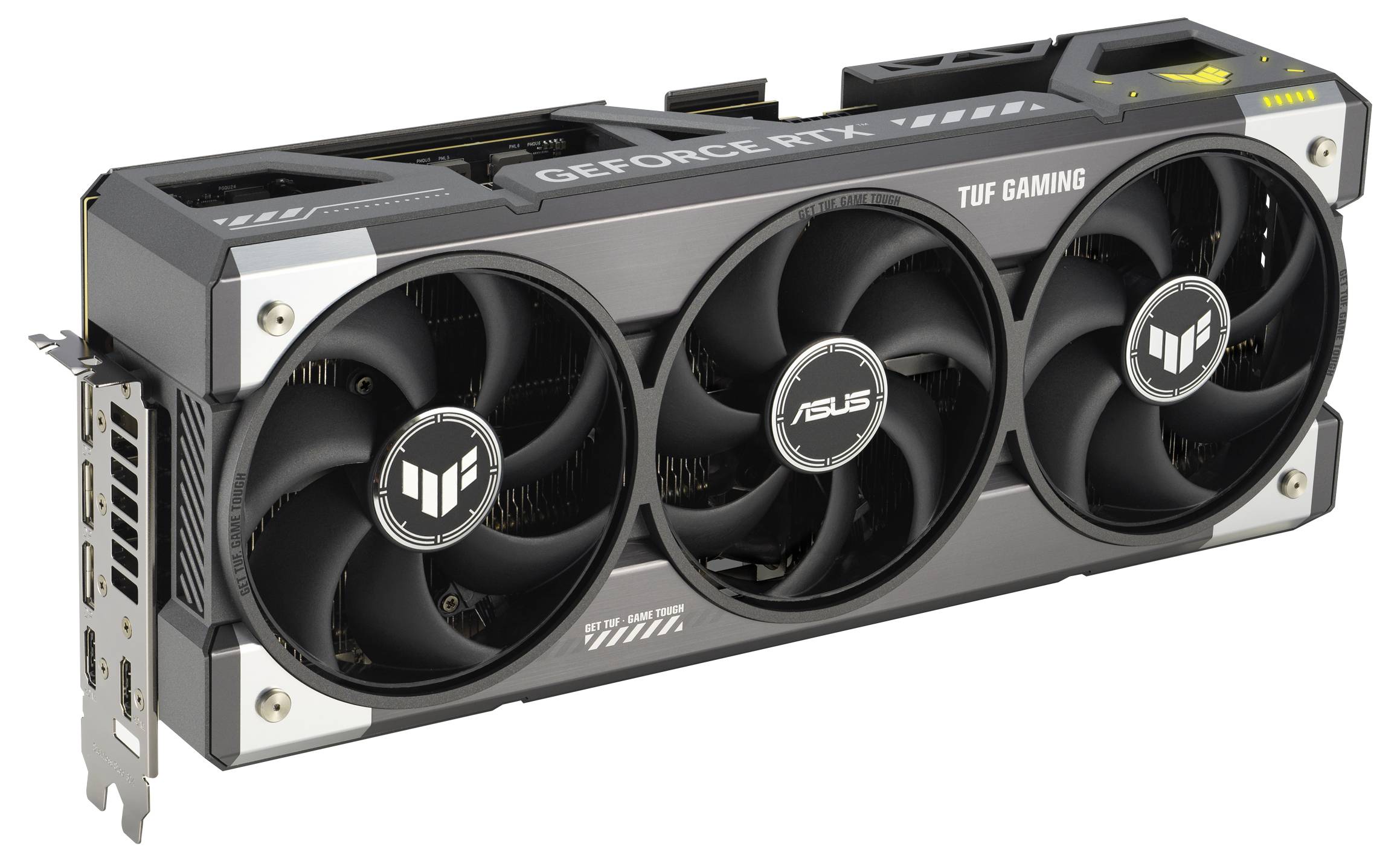 Une carte graphique d'Asus avec trois ventilateurs portant l'inscription 'TUF Gaming' et 'GeForce RTX'.