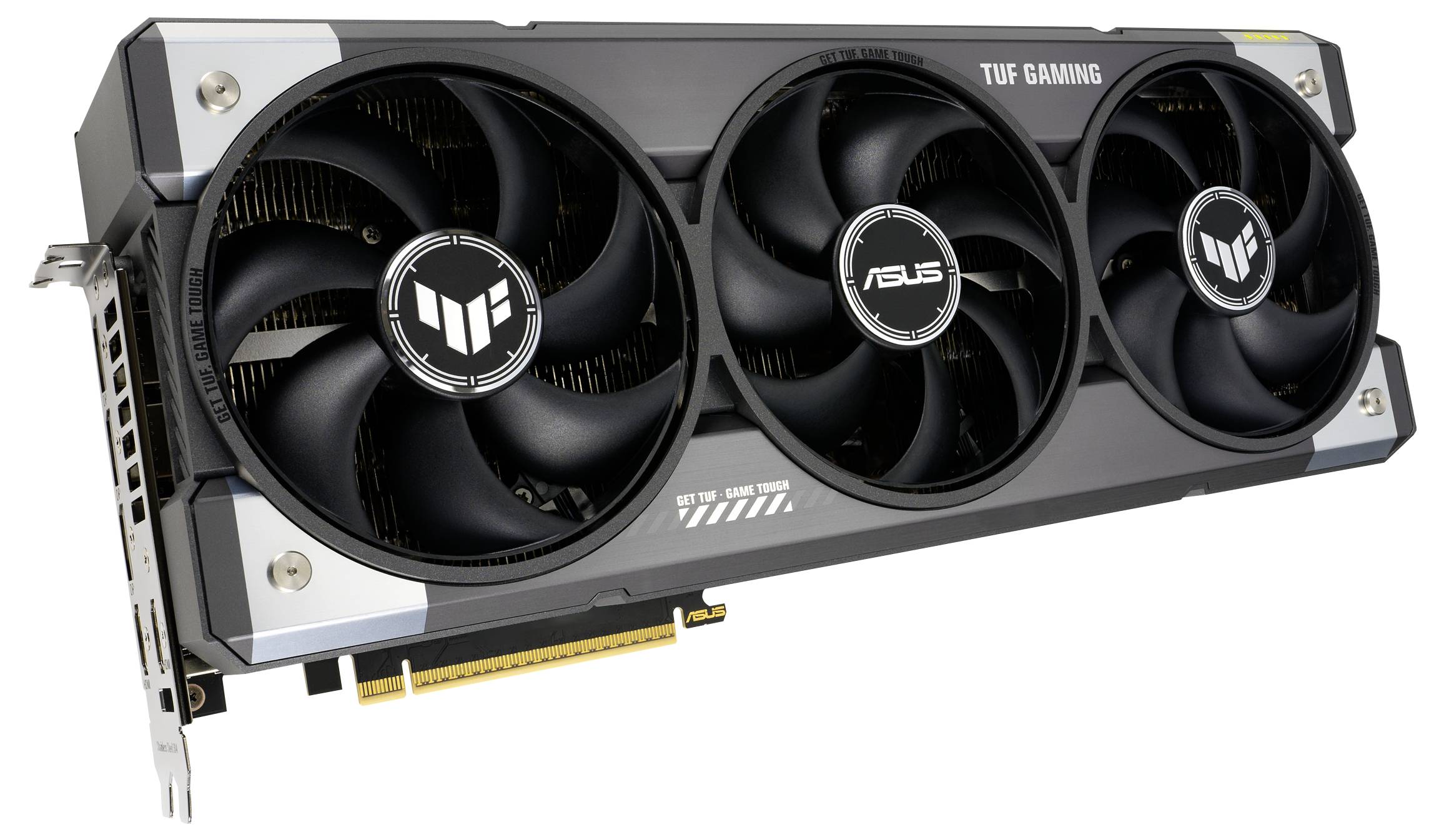 Carte graphique ASUS TUF Gaming avec trois ventilateurs, conception robuste et connexion PCIe ; adaptée aux applications de jeux haute performance.