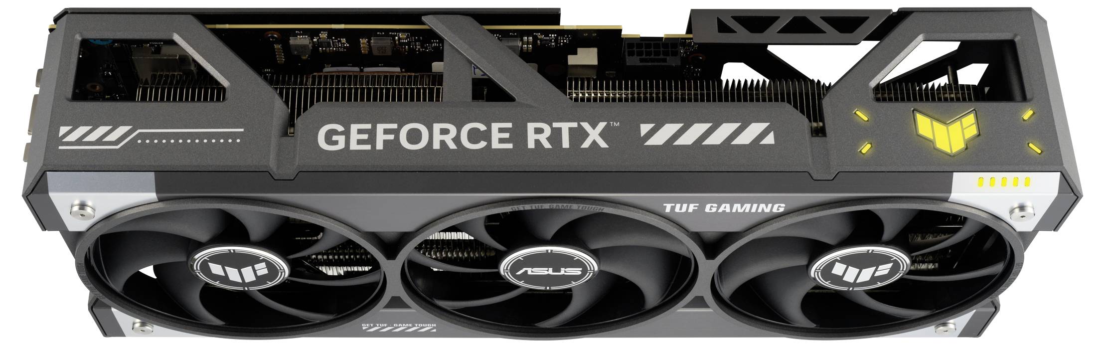 Carte graphique ASUS TUF Gaming GeForce RTX à trois ventilateurs et logo TUF, conçue pour un gaming performant et un traitement graphique puissant.