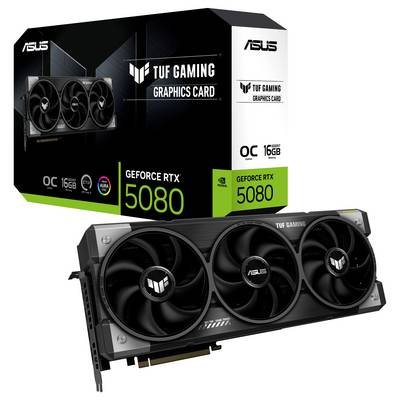L'illustration montre une carte graphique ASUS TUF Gaming GeForce RTX 5080 à côté de son emballage portant l'inscription '16 Go OC'.