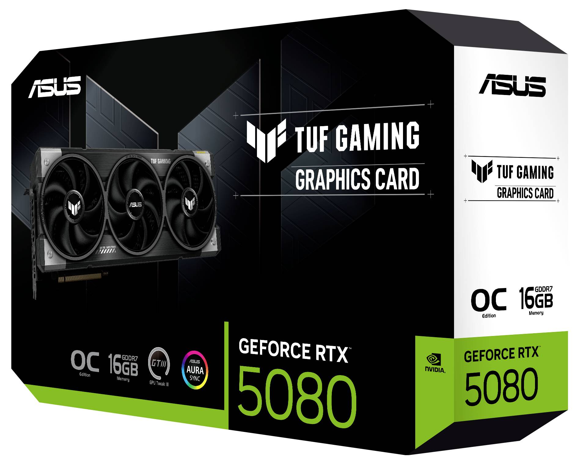Emballage de la carte graphique 'ASUS TUF Gaming GeForce RTX 5080 OC', montrant le design et les logos. Contient les spécifications : 16 Go, GDDR7, Ray Tracing.
