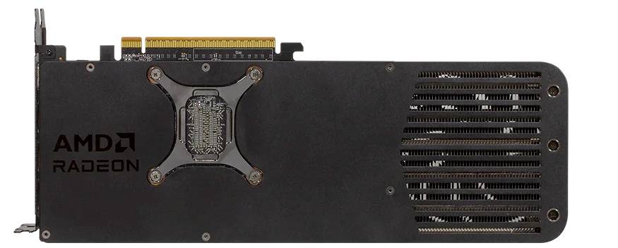 Carte graphique avec le logo 'AMD Radeon' et des fentes de ventilation. Le dos montre des composants de refroidissement et un connecteur pour la carte mère.