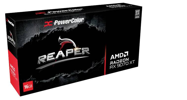 Emballage de la carte graphique PowerColor AMD Radeon RX 6070 XT 'Reaper' avec 16 Go. Design noir avec logo rouge et argent.