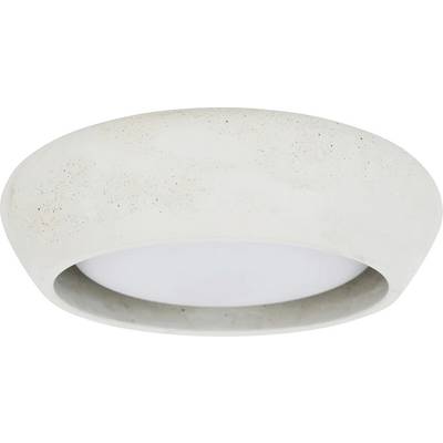 Plafonnier rond en béton au design épuré et moderne. Il est blanc avec une texture granuleuse et offre un éclairage doux et diffus.