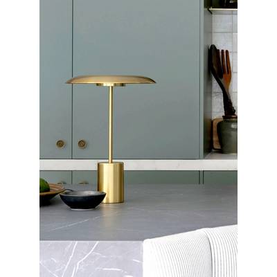 Une lampe de table dorée est posée sur un comptoir en marbre gris, devant des portes d'armoire bleu-vert et une étagère garnie d'ustensiles en bois.