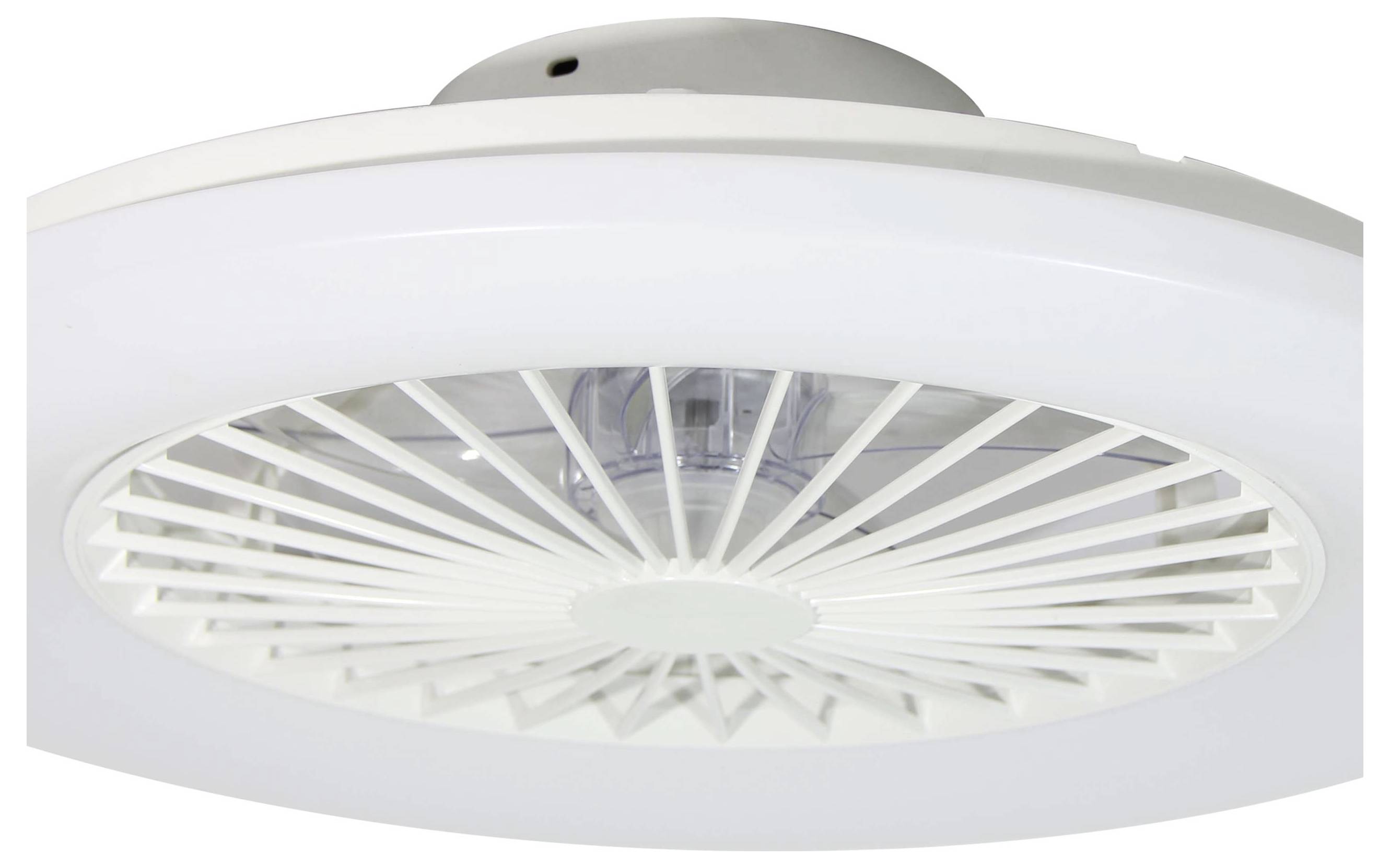 Plafonnier blanc avec ventilateur intégré, design rond moderne, assurant un éclairage uniforme et une circulation d'air optimale.